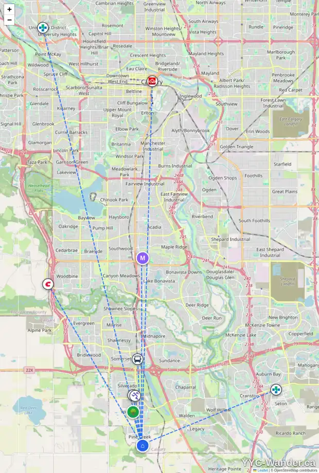 Daily accessibility map for 46 CREEKVIEW GD SW, Calgary showing nearby schools, grocery stores, parks, LRT stations and nearby amenities