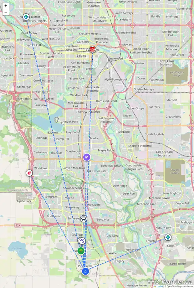 Daily accessibility map for 98 CREEKVIEW GD SW, Calgary showing nearby schools, grocery stores, parks, LRT stations and nearby amenities