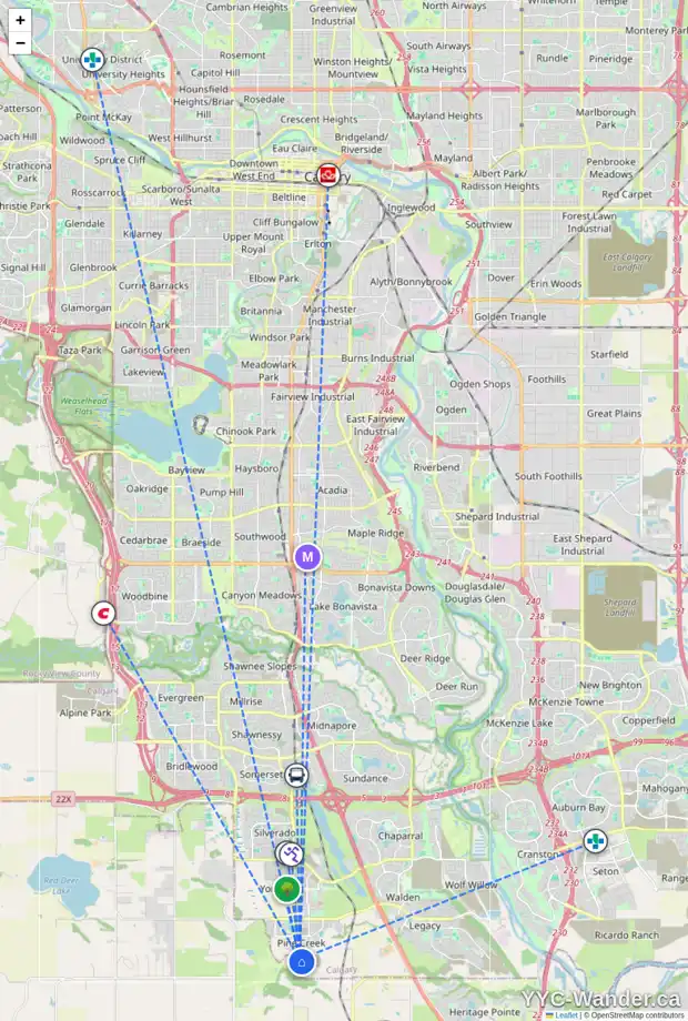 Daily accessibility map for 122 CREEKVIEW GD SW, Calgary showing nearby schools, grocery stores, parks, LRT stations and nearby amenities