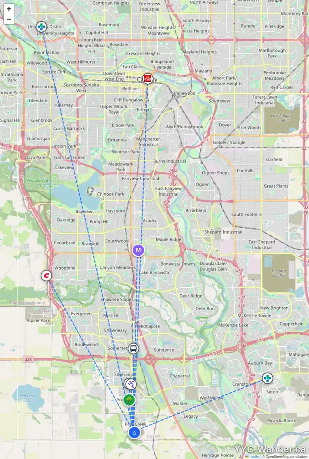 Daily accessibility map for 166 CREEKVIEW GD SW, Calgary showing nearby schools, grocery stores, parks, LRT stations and nearby amenities