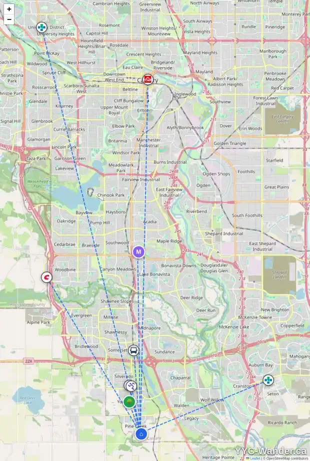 Daily accessibility map for 40 CREEKVIEW CM SW, Calgary showing nearby schools, grocery stores, parks, LRT stations and nearby amenities