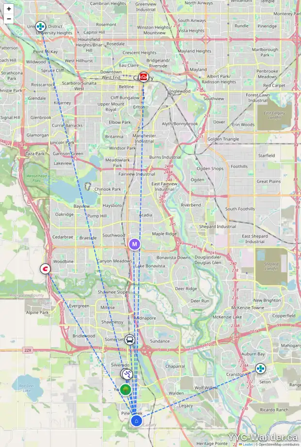 Daily accessibility map for 20 CREEKVIEW CM SW, Calgary showing nearby schools, grocery stores, parks, LRT stations and nearby amenities