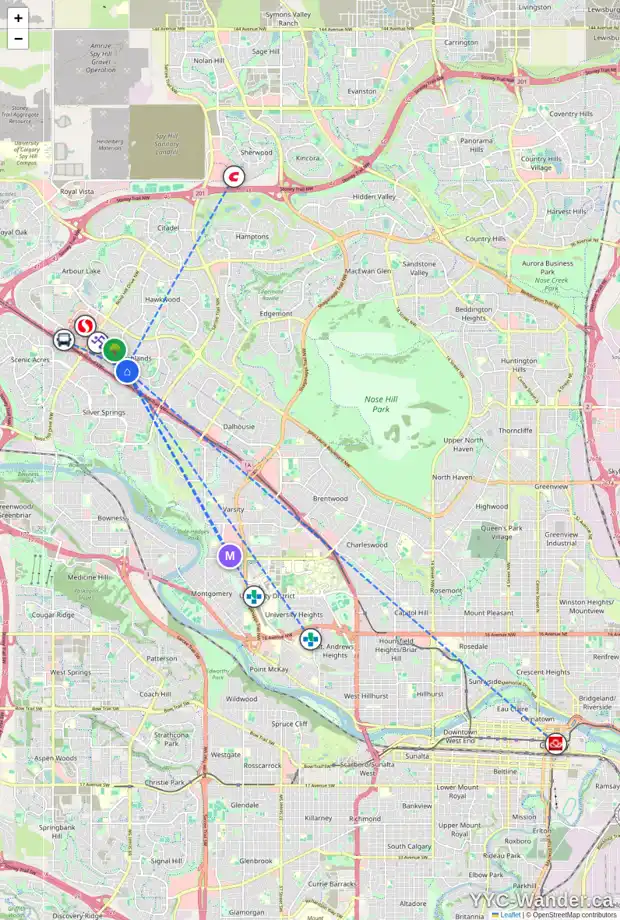Daily accessibility map for 1111 RANCHLANDS BV NW, Calgary showing nearby schools, grocery stores, parks, LRT stations and nearby amenities