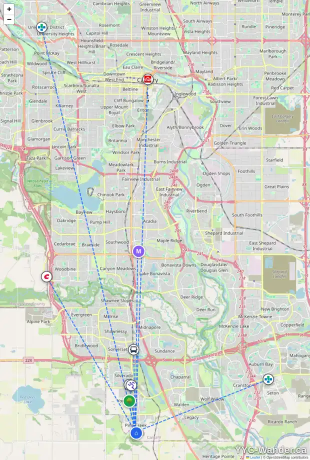 Daily accessibility map for 111 CREEKVIEW GD SW, Calgary showing nearby schools, grocery stores, parks, LRT stations and nearby amenities