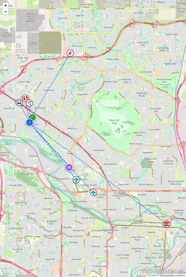 Daily accessibility map for 96 SILVER RIDGE RI NW, Calgary showing nearby schools, grocery stores, parks, LRT stations and nearby amenities