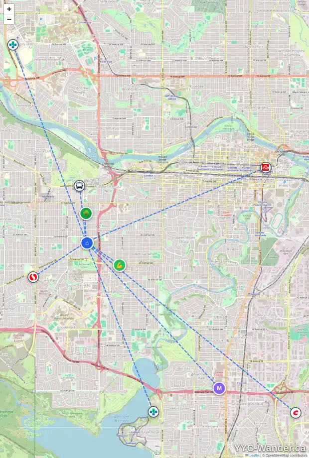 Daily accessibility map for 2837 25A ST SW, Calgary showing nearby schools, grocery stores, parks, LRT stations and nearby amenities