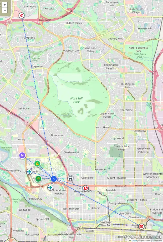 Daily accessibility map for 1948 UXBRIDGE DR NW, Calgary showing nearby schools, grocery stores, parks, LRT stations and nearby amenities