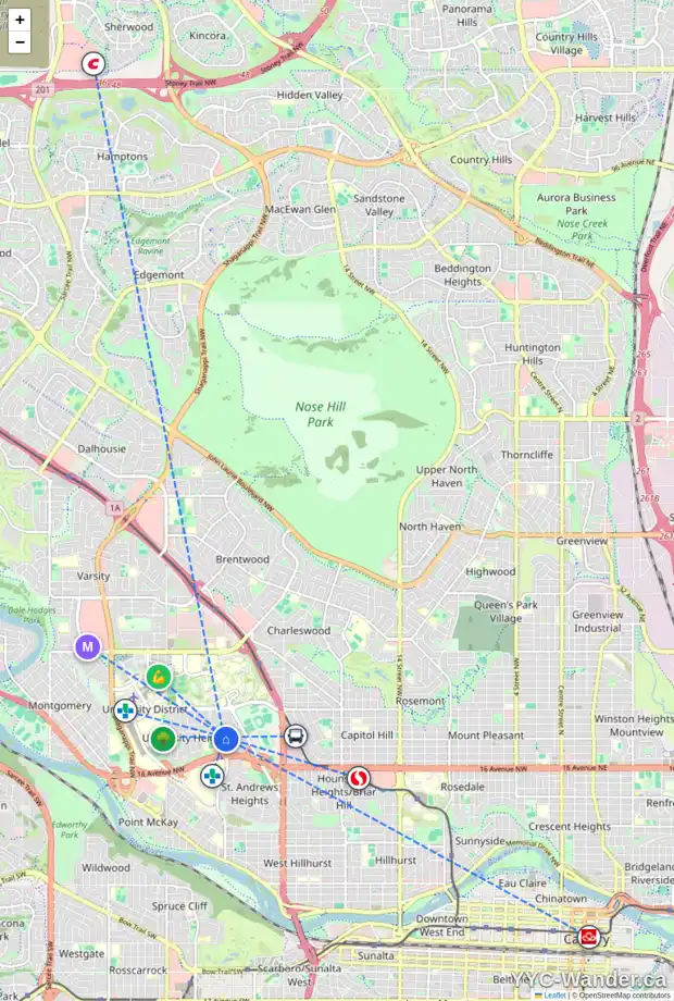 Daily accessibility map for 1950 UXBRIDGE DR NW, Calgary showing nearby schools, grocery stores, parks, LRT stations and nearby amenities