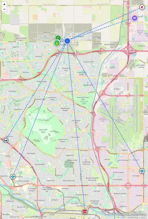 Daily accessibility map for 39 LUCAS WY NW, Calgary showing nearby schools, grocery stores, parks, LRT stations and nearby amenities
