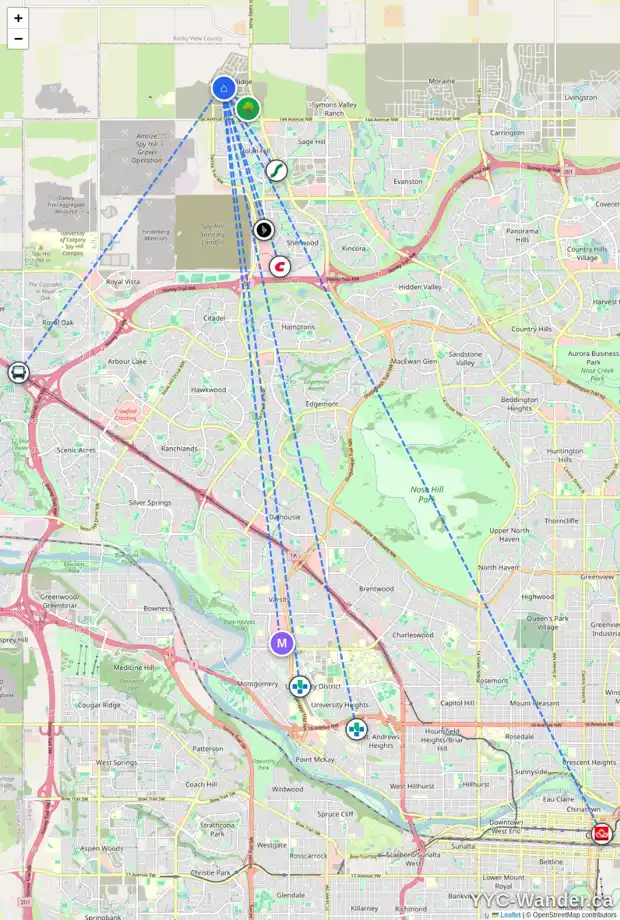 Daily accessibility map for 210 MITCHELL HE NW, Calgary showing nearby schools, grocery stores, parks, LRT stations and nearby amenities