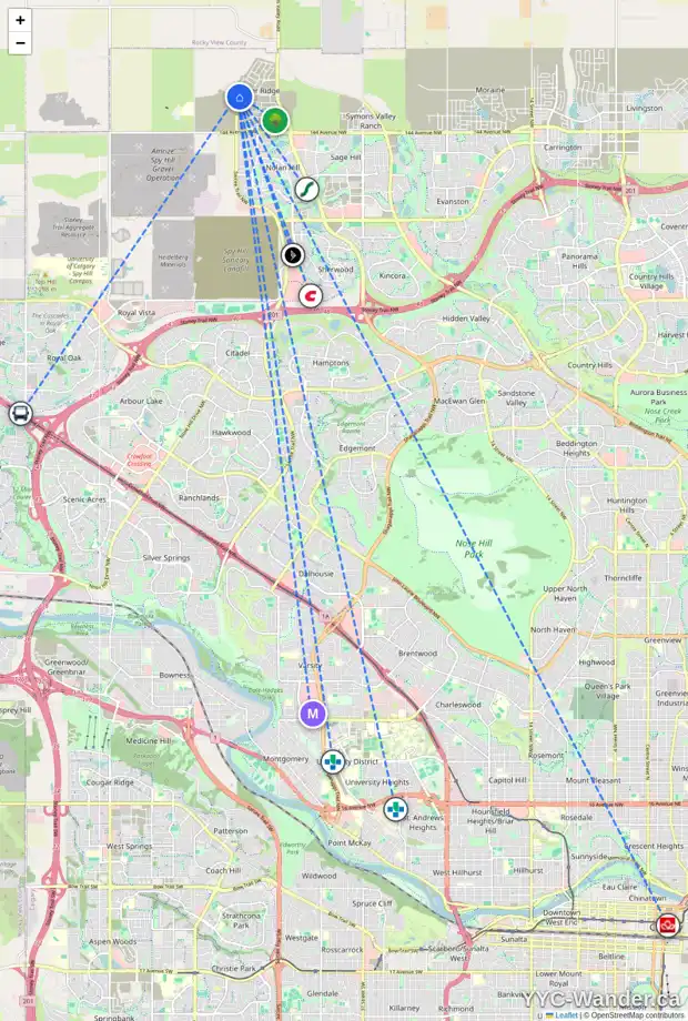 Daily accessibility map for 110 MITCHELL VI NW, Calgary showing nearby schools, grocery stores, parks, LRT stations and nearby amenities