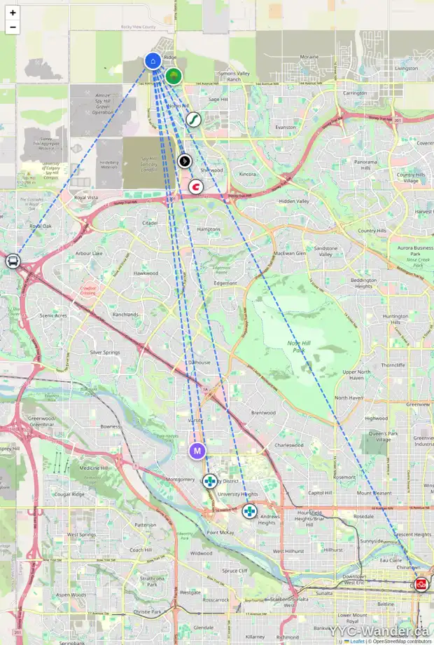 Daily accessibility map for 107 MITCHELL WY NW, Calgary showing nearby schools, grocery stores, parks, LRT stations and nearby amenities