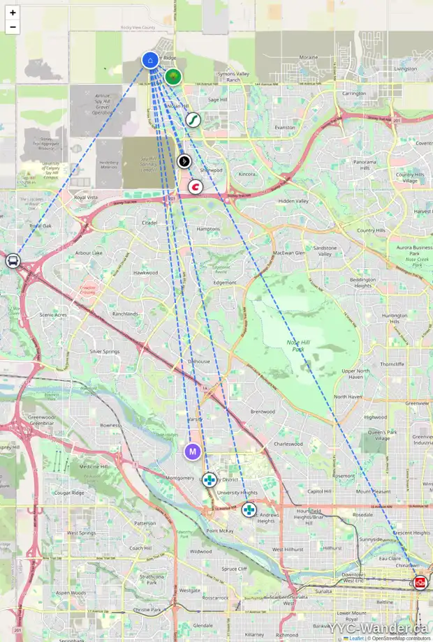 Daily accessibility map for 143 MITCHELL WY NW, Calgary showing nearby schools, grocery stores, parks, LRT stations and nearby amenities