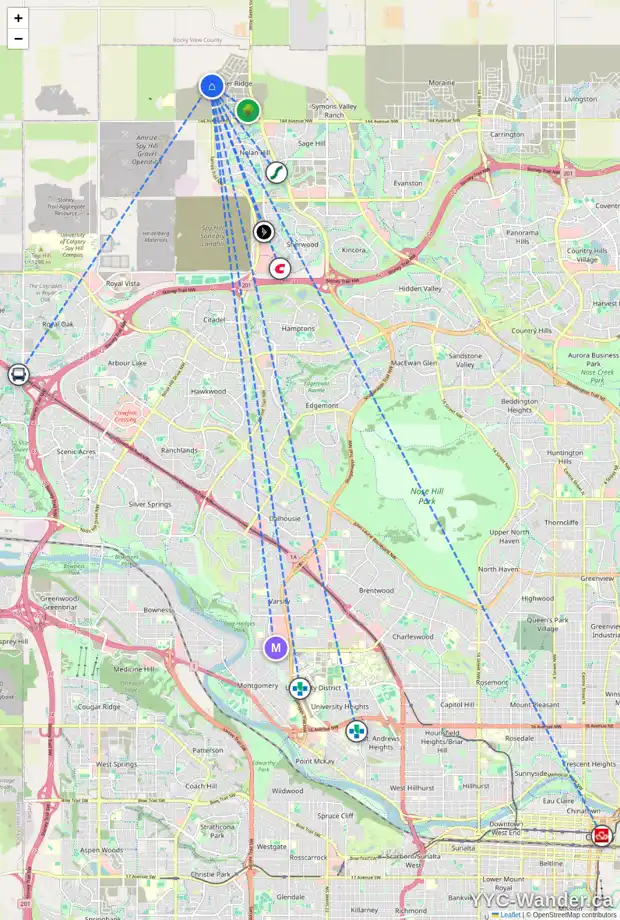 Daily accessibility map for 83 MARMOT GV NW, Calgary showing nearby schools, grocery stores, parks, LRT stations and nearby amenities