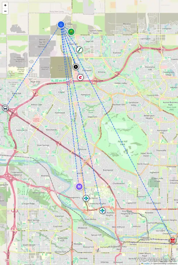 Daily accessibility map for 91 MARMOT GV NW, Calgary showing nearby schools, grocery stores, parks, LRT stations and nearby amenities