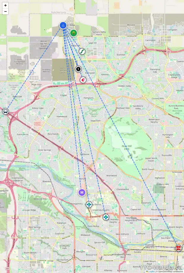 Daily accessibility map for 95 MARMOT GV NW, Calgary showing nearby schools, grocery stores, parks, LRT stations and nearby amenities