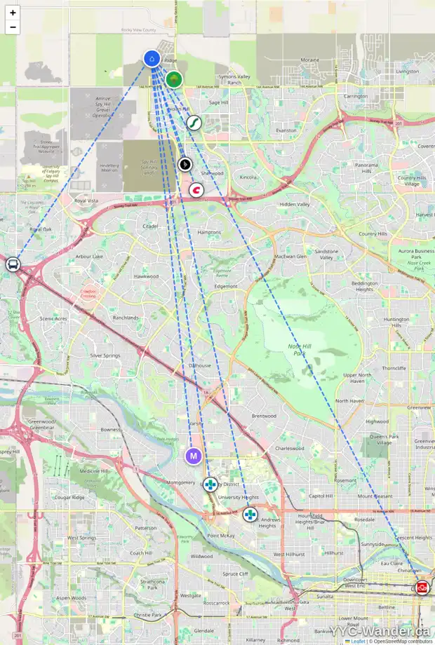 Daily accessibility map for 135 MARMOT GV NW, Calgary showing nearby schools, grocery stores, parks, LRT stations and nearby amenities