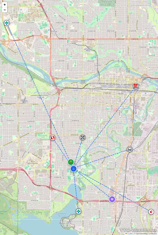 Daily accessibility map for 1724 50 AV SW, Calgary showing nearby schools, grocery stores, parks, LRT stations and nearby amenities