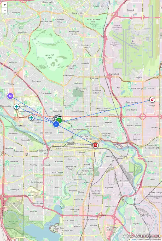 Daily accessibility map for 1815 11 AV NW, Calgary showing nearby schools, grocery stores, parks, LRT stations and nearby amenities
