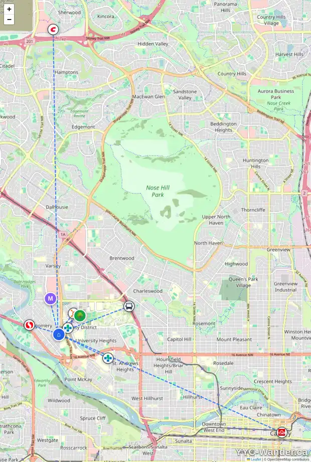Daily accessibility map for 4509 22 AV NW, Calgary showing nearby schools, grocery stores, parks, LRT stations and nearby amenities
