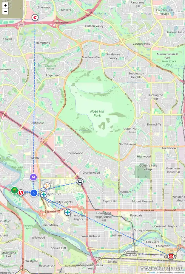 Daily accessibility map for 4711 22 AV NW, Calgary showing nearby schools, grocery stores, parks, LRT stations and nearby amenities