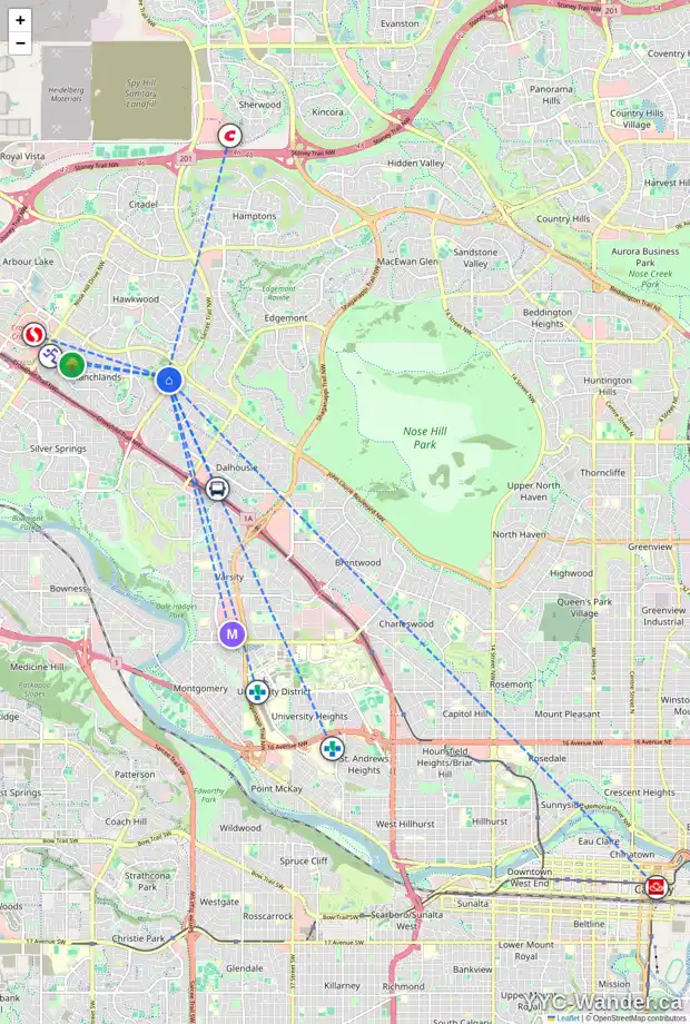Daily accessibility map for 24 700 RANCH ESTATES PL NW, Calgary showing nearby schools, grocery stores, parks, LRT stations and nearby amenities