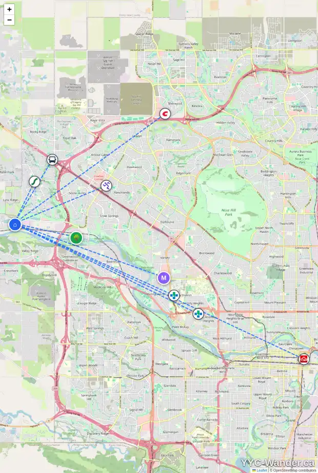 Daily accessibility map for 312 260 ROWLEY WY NW, Calgary showing nearby schools, grocery stores, parks, LRT stations and nearby amenities