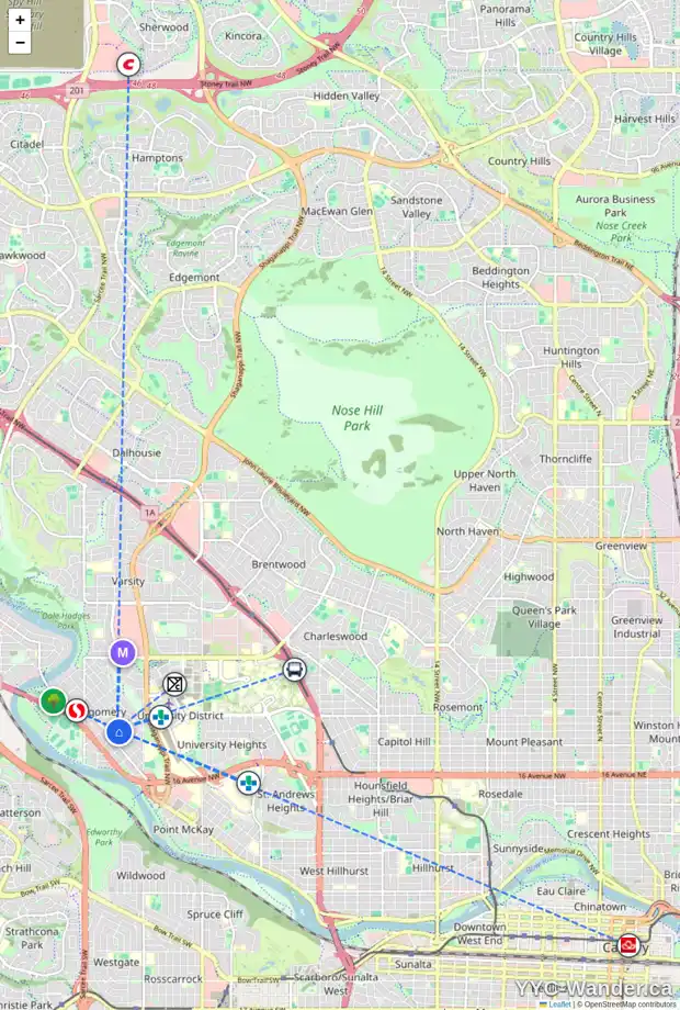 Daily accessibility map for 4616 19 AV NW, Calgary showing nearby schools, grocery stores, parks, LRT stations and nearby amenities