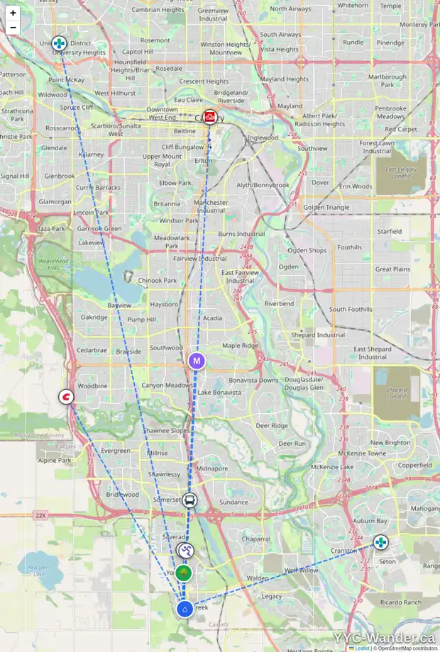 Daily accessibility map for 128 CREEKSIDE ST SW, Calgary showing nearby schools, grocery stores, parks, LRT stations and nearby amenities