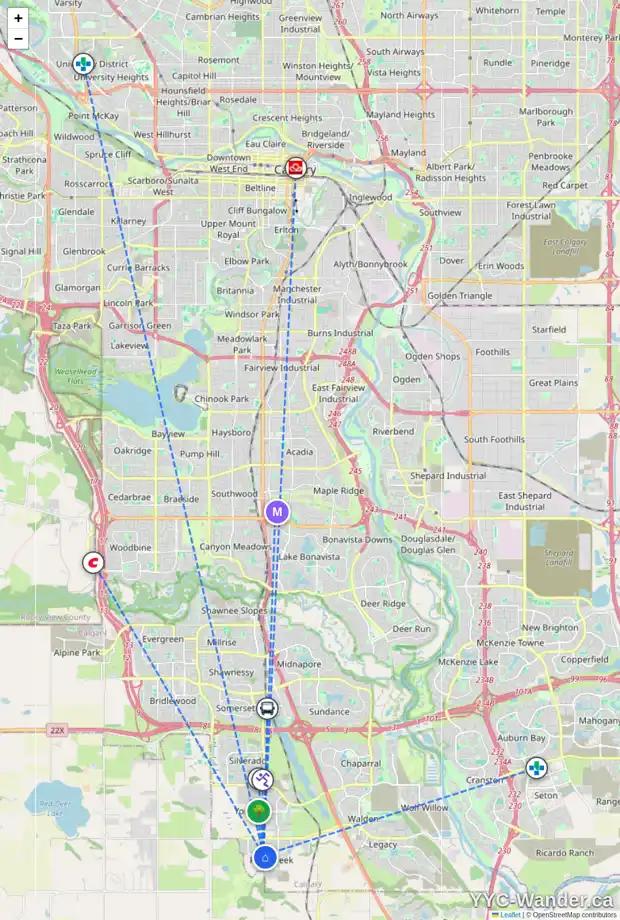 Daily accessibility map for 21427 SHERIFF KING ST SW, Calgary showing nearby schools, grocery stores, parks, LRT stations and nearby amenities