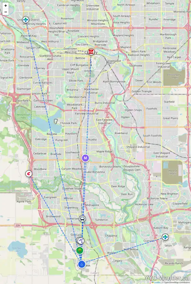 Daily accessibility map for 21407 SHERIFF KING ST SW, Calgary showing nearby schools, grocery stores, parks, LRT stations and nearby amenities