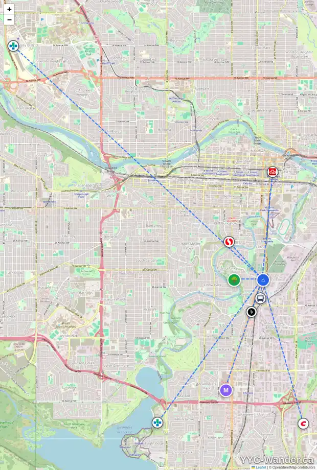 Daily accessibility map for 8 MISSION RD SW, Calgary showing nearby schools, grocery stores, parks, LRT stations and nearby amenities