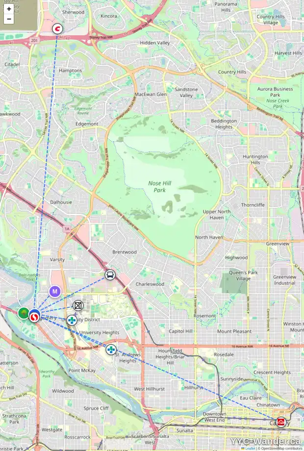 Daily accessibility map for 1807 50 ST NW, Calgary showing nearby schools, grocery stores, parks, LRT stations and nearby amenities