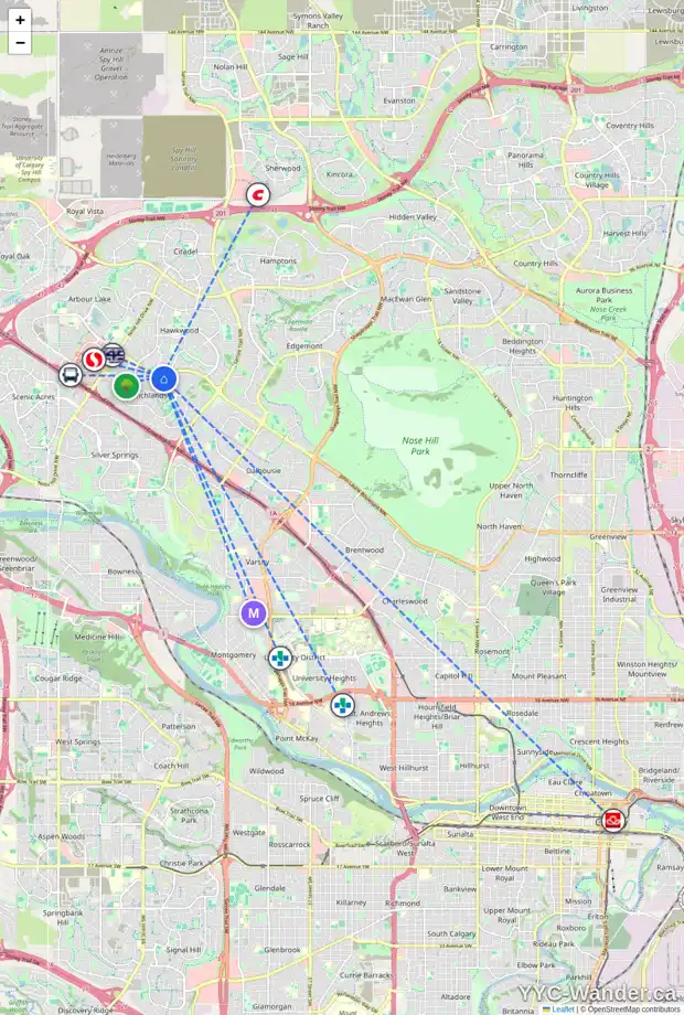 Daily accessibility map for 115 RANCHRIDGE BA NW, Calgary showing nearby schools, grocery stores, parks, LRT stations and nearby amenities