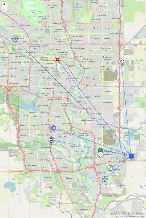 Daily accessibility map for 423 HOTCHKISS MR SE, Calgary showing nearby schools, grocery stores, parks, LRT stations and nearby amenities