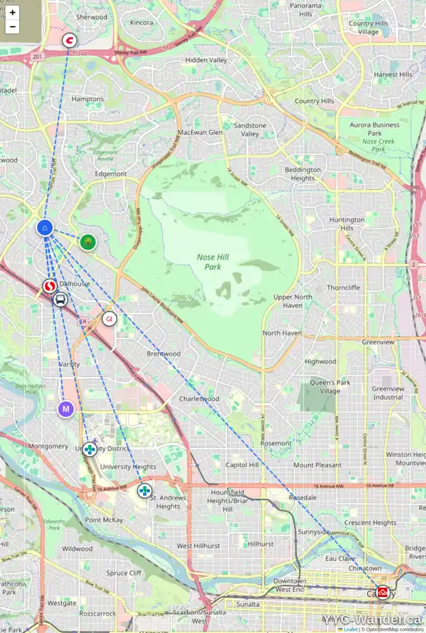 Daily accessibility map for 592 DALMENY HL NW, Calgary showing nearby schools, grocery stores, parks, LRT stations and nearby amenities