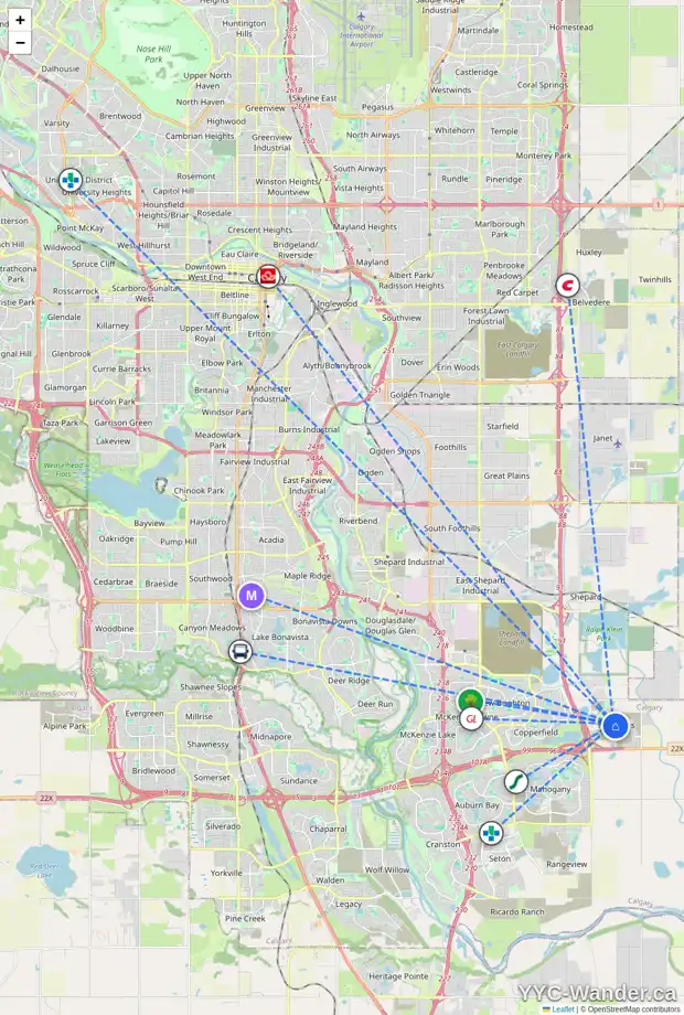 Daily accessibility map for 411 HOTCHKISS MR SE, Calgary showing nearby schools, grocery stores, parks, LRT stations and nearby amenities