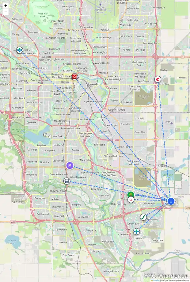 Daily accessibility map for 379 HOTCHKISS MR SE, Calgary showing nearby schools, grocery stores, parks, LRT stations and nearby amenities