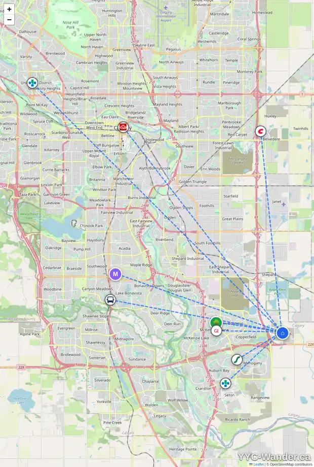 Daily accessibility map for 375 HOTCHKISS MR SE, Calgary showing nearby schools, grocery stores, parks, LRT stations and nearby amenities