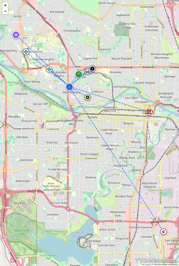 Daily accessibility map for 2431 6 AV NW, Calgary showing nearby schools, grocery stores, parks, LRT stations and nearby amenities