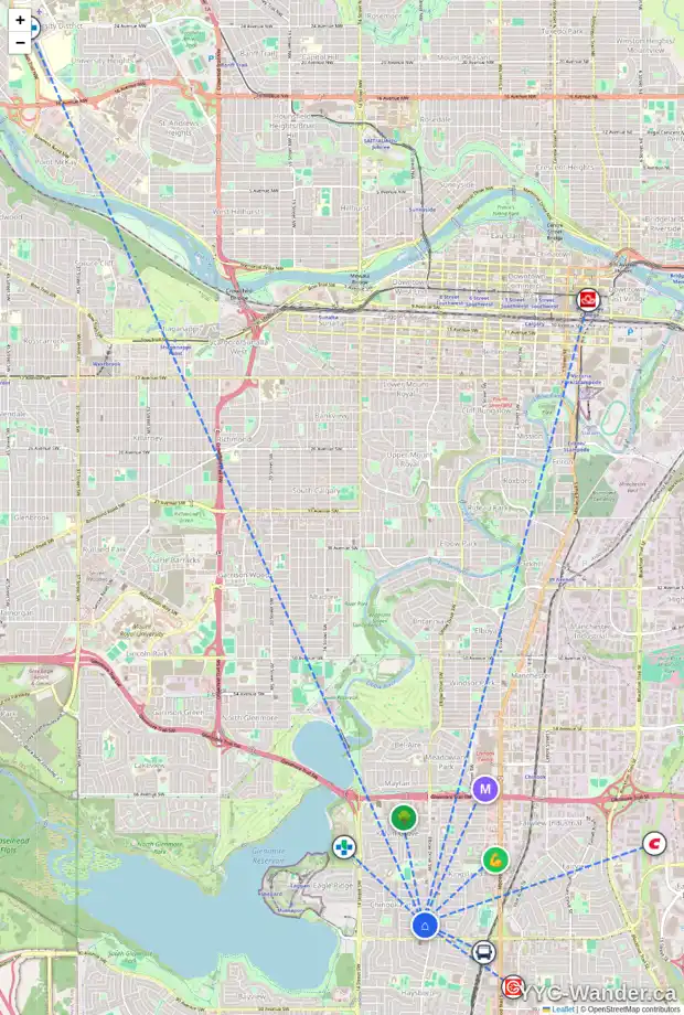 Daily accessibility map for 915 80 AV SW, Calgary showing nearby schools, grocery stores, parks, LRT stations and nearby amenities
