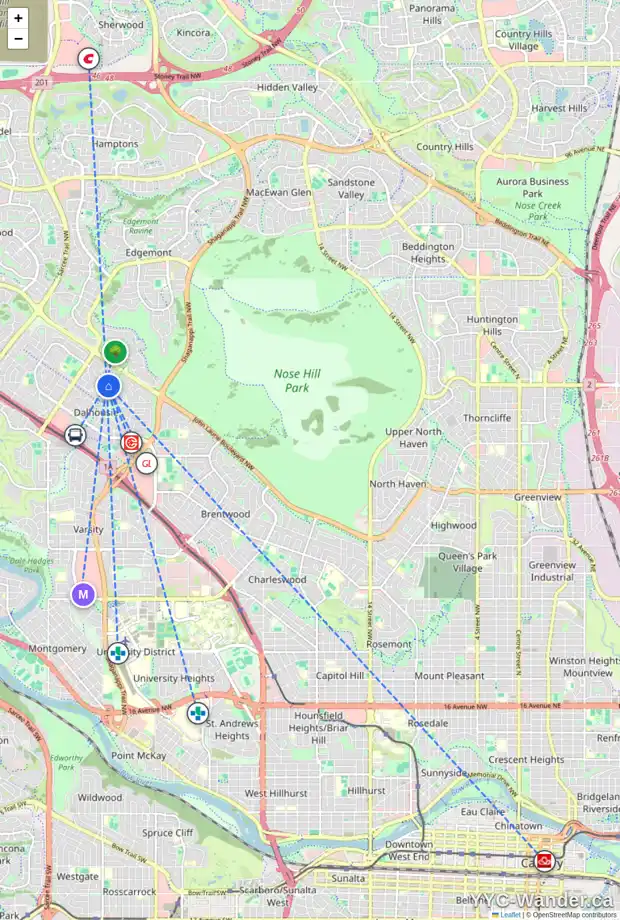 Daily accessibility map for 247 DALHURST WY NW, Calgary showing nearby schools, grocery stores, parks, LRT stations and nearby amenities