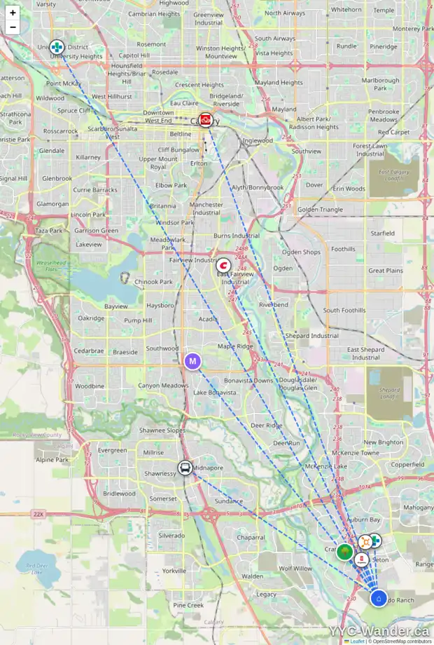 Daily accessibility map for 52 RICARDO RANCH AV SE, Calgary showing nearby schools, grocery stores, parks, LRT stations and nearby amenities