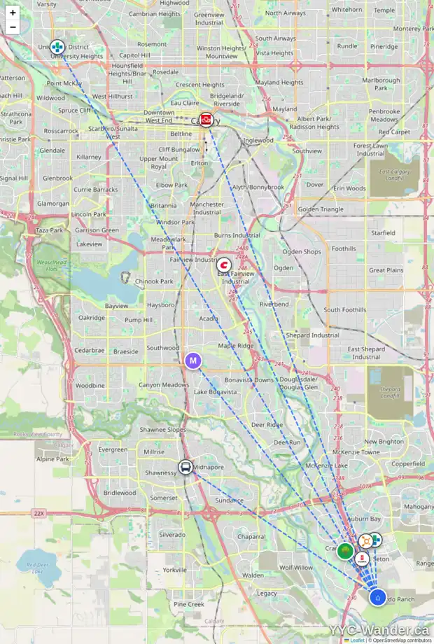 Daily accessibility map for 16 RICARDO RANCH AV SE, Calgary showing nearby schools, grocery stores, parks, LRT stations and nearby amenities