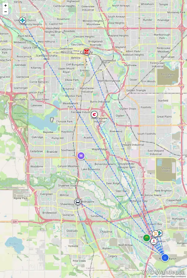 Daily accessibility map for 264 RICARDO RANCH AV SE, Calgary showing nearby schools, grocery stores, parks, LRT stations and nearby amenities