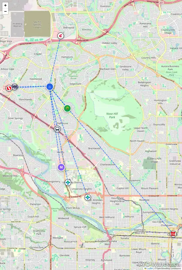 Daily accessibility map for 252 HAWKCLIFF WY NW, Calgary showing nearby schools, grocery stores, parks, LRT stations and nearby amenities