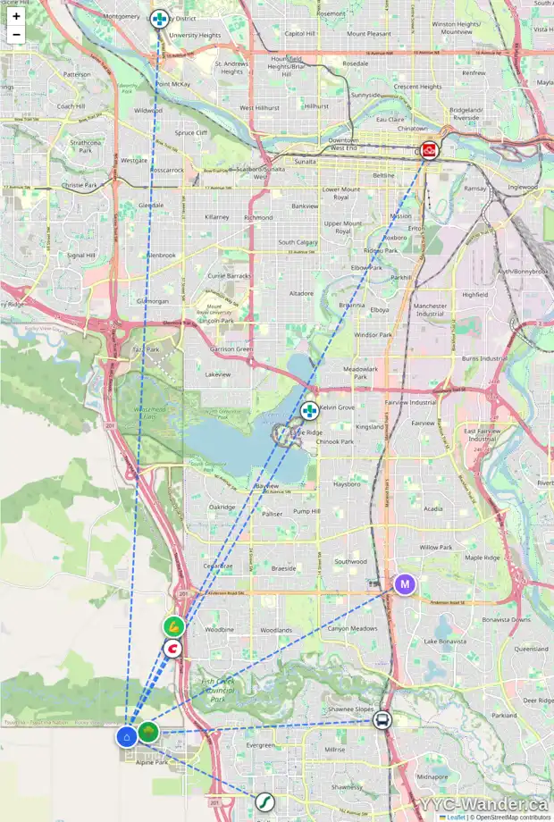 Daily accessibility map for 235 VERSANT GV SW, Calgary showing nearby schools, grocery stores, parks, LRT stations and nearby amenities