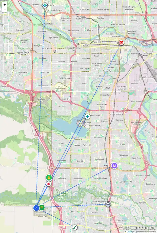 Daily accessibility map for 18 VERSANT PH SW, Calgary showing nearby schools, grocery stores, parks, LRT stations and nearby amenities