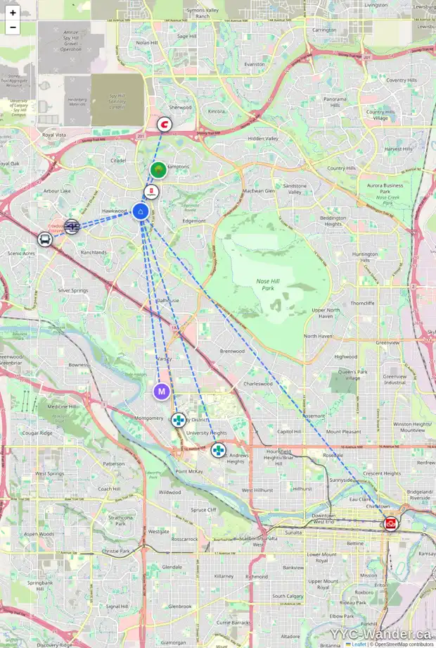 Daily accessibility map for 71 HAWKSTONE DR NW, Calgary showing nearby schools, grocery stores, parks, LRT stations and nearby amenities
