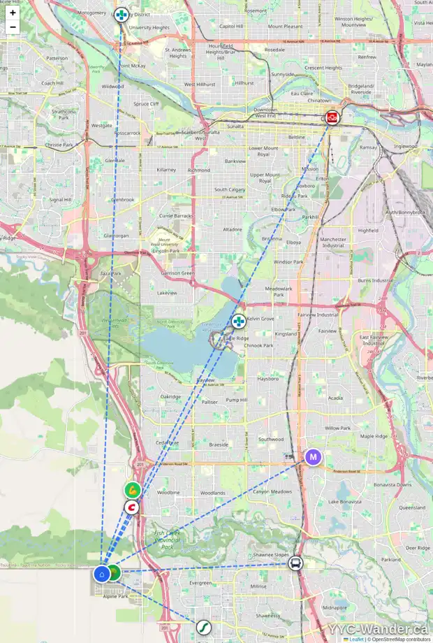 Daily accessibility map for 982 ALPINE DR SW, Calgary showing nearby schools, grocery stores, parks, LRT stations and nearby amenities